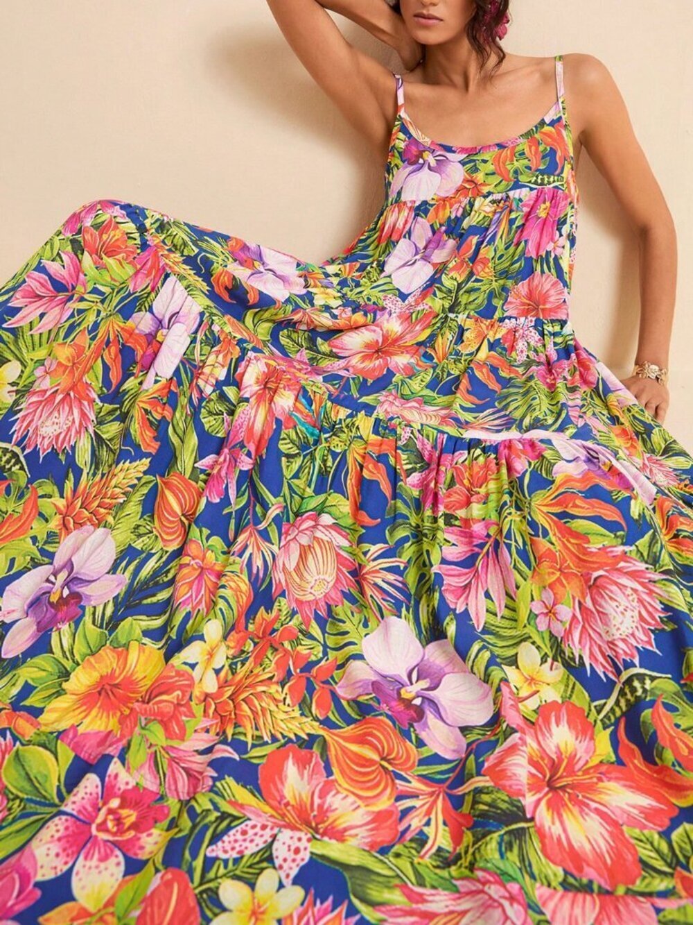 Blue Boho Women's Elegant Tropical Floral Full-Print Vacation Dress - Picture 7 of 8